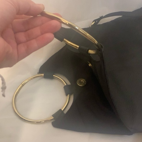 Black Leather Crossbody Purse/Bag with gold metal hoop handles - Picture 7 of 10